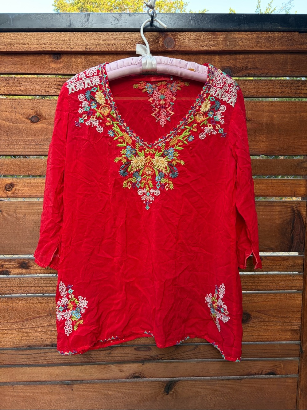 Johnny Was Red Floral Embroidered Top